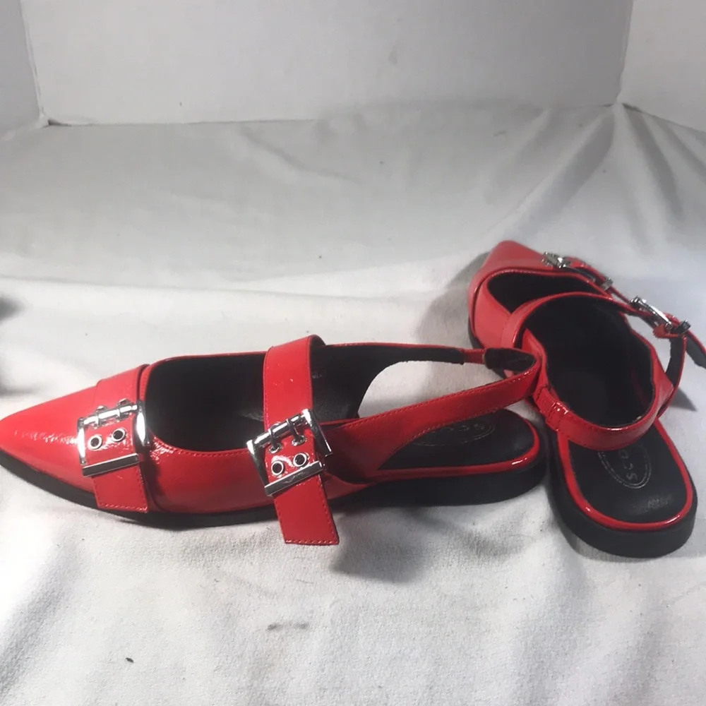 Women’s  Red Vegan Patent Leather Slingback Flats with Double Buckle Detail Sz10